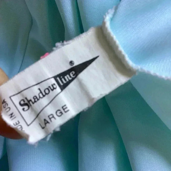 Vintage Shadow Line L Aqua SILKY NYLON Nightgown Negligee Gown Pink Rose USA - Picture 10 of 12